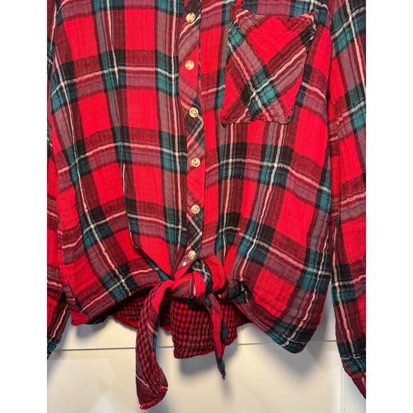 In Loom Red/Black/Teal Plaid Button Up Shirt Front Tie Gauze Women's Size Small - Picture 3 of 9